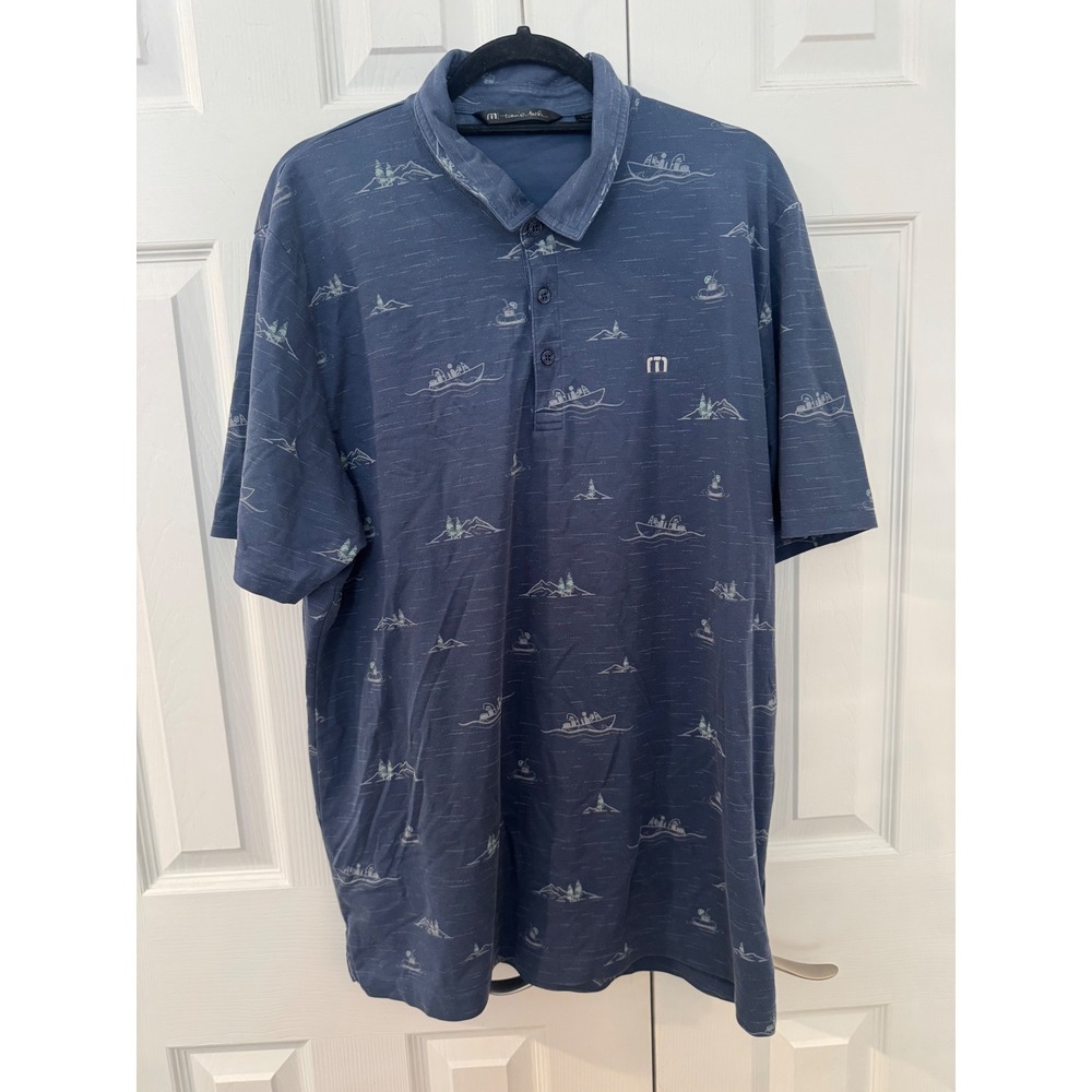TravisMathew Mens Blue Lake Life Boat Print Pima Cotton Blend Polo Shirt XXL